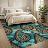Teal Paisley Area Rug with Orange Accents