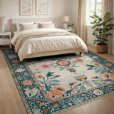 Teal Border Floral Cream Area Rug