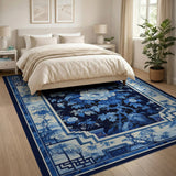 ODIKA Washable Blue and White Chinoiserie Peony Area Rug - Low Pile & Non-Slip