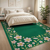 Vintage Pink Floral Border Emerald Green Area Rug