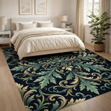 Ornate Teal Gold Baroque Leaf Rug