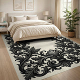 Ornate Shell Leaf Black White Area Rug