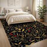 Gold Leaf Holly Berry Snowflakes Black Area Rug