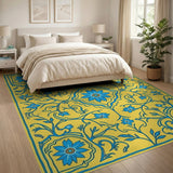 Yellow Persian Rug with Blue Floral Medallion