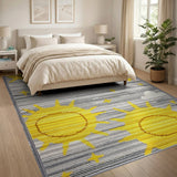 Playful Yellow Suns Stars Grey Striped Kids Rug