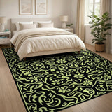 Intricate Lime Green Floral on Black Area Rug