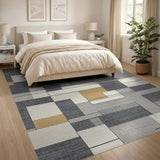 Modern Geometric Grey Gold Block Area Rug