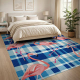 Pink Flamingo Blue Check Area Rug