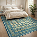 Teal Border Persian Motif Area Rug