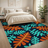 Vibrant Orange Teal Leaves on Navy Area Rug
