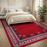 Festive Red Fir Tree Snowflake Border Rug