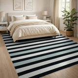 Bold Black, White Teal Striped Area Rug