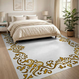 Gold and Silver Ornate Gold Floral Frame Area Rug