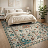 Teal Floral Persian Area Rug in Cream