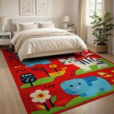 Playful Cartoon Cats Llama Elephant Red Kids Rug