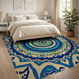 Vibrant Blue Teal Mandala Persian Rug