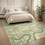Curvy Green Waves on Orange Grid Area Rug