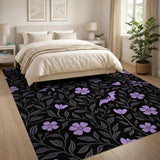 Washable Gothic Bat and Purple Floral Area Rug - Dark Botanical Low Pile