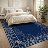 Blue and Teal Navy Blue Ornate Floral Border Rug