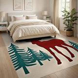 Red Stag Silhouette with Teal Pines Area Rug