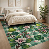 Green Gingham Fruit Clover Blossom Area Rug