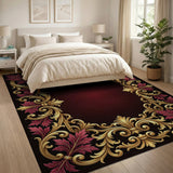 Ornate Gold Baroque Frame Rug with Red Leaves