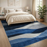 Blue and Teal Geometric Modern Layered Blue Wave Geometric Area Rug