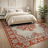 Beige and Neutral Cream Area Rug with Ornate Red Floral Border