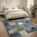 Abstract Geometric Modern Area Rug in Grey with Green Orange