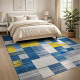 Modern Geometric Navy Blue Yellow Patchwork Rug