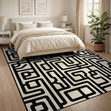 Intricate Maze Labyrinth Black White Geometric Rug