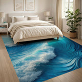Abstract Ocean Wave Washable Area Rug - Blue Coastal Low Pile Non-Slip
