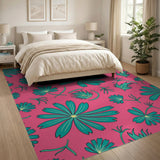 Vibrant Teal Flowers on Hot Pink Area Rug
