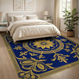 Navy Blue Gold Floral Medallion Area Rug