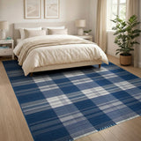 Navy Buffalo Plaid Woven Area Rug with Tassels
