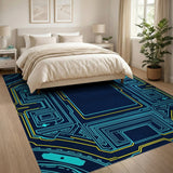 Futuristic Neon Circuit Geometric Area Rug