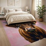 Shaggy Highland Cow Portrait Pink Area Rug
