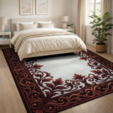 Ornate Red Leaf Vine Border Area Rug