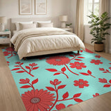 Vibrant Red Gerbera Floral Teal Area Rug