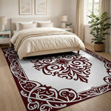 Ornate Red Damask Floral Border Area Rug