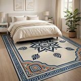 Navy Mandala Persian Area Rug with Orange Borders