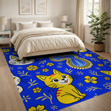 Cute Cartoon Cats Yellow Flowers Blue Rug