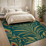 Golden Peacock Feathers Teal Area Rug