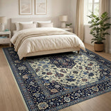 Traditional Persian Floral Area Rug - Ivory Navy