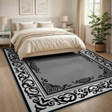 Ornate Black White Floral Frame Gray Area Rug