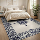 Beige and Neutral Ornate Navy Border Beige Area Rug