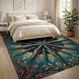 Teal Star Mandala Area Rug with Gold Borders