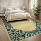 Ornate Teal Floral Border Beige Area Rug