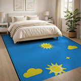 Sunny Skies Blue Area Rug with Yellow Suns Clouds
