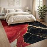 ODIKA Red and Black Marble Modern Washable Area Rug - Low Pile & Non-Slip